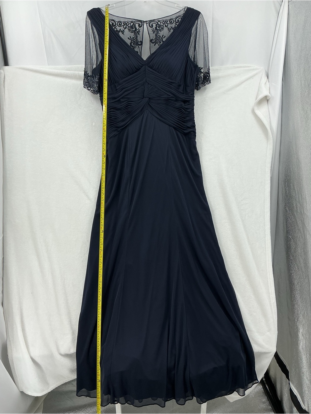 Adrianna Papell Navy V-Neck Maxi Dress with Sheer Short Sleeves 1138 - Picture 4 of 7